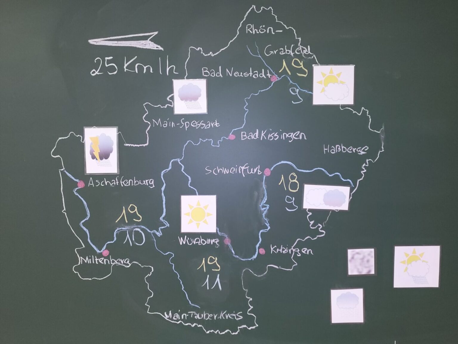 Unterfranken an die Tafel gemalt und mit Wetterrsymbolen beklebt